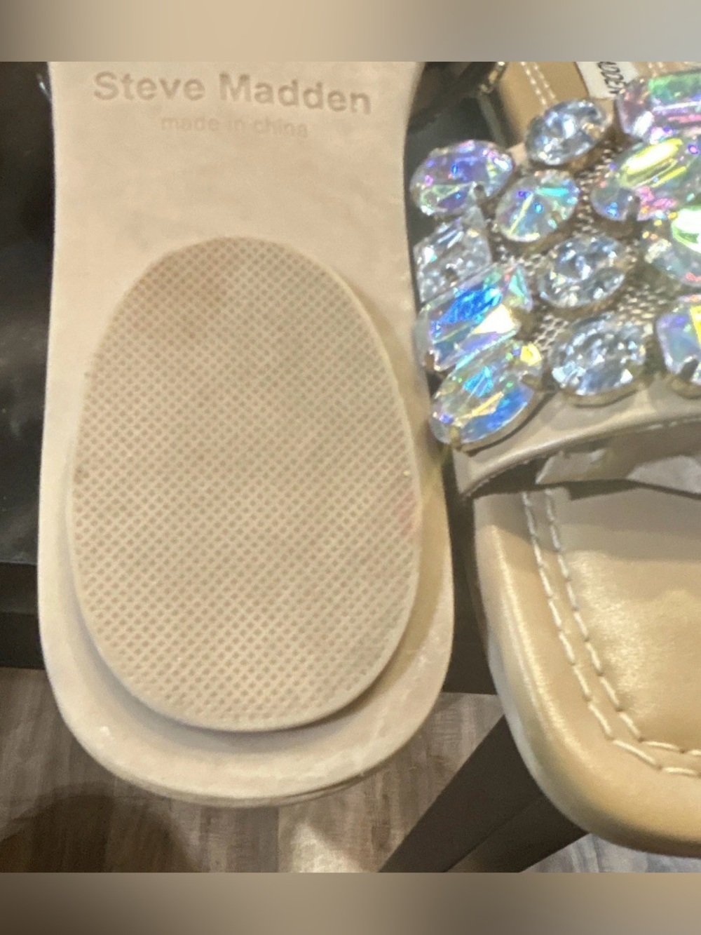 Steve Madden Nude Slide Sandals with Iridescent Crystal Embellishments - Picture 3 of 7